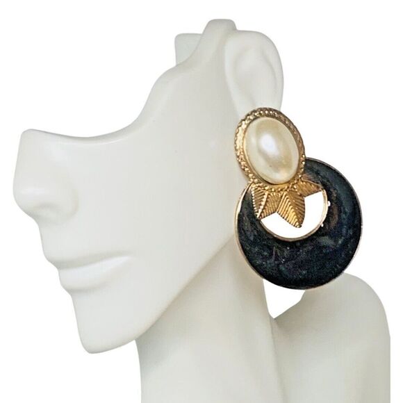 Gold Tone Large Hoop Statement Earrings 2" Gray Enamel White Pearl Cabochon - Picture 3 of 8